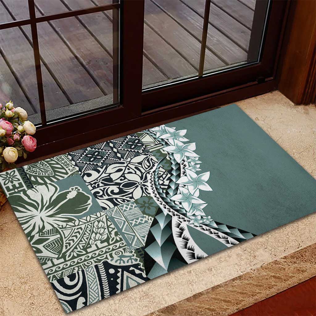 Aloha Vintage Plumeria Hawaiian Tapa Pattern Rubber Doormat Dark Turquoise Hawaiian Tapa Pattern - Polynesian Pride