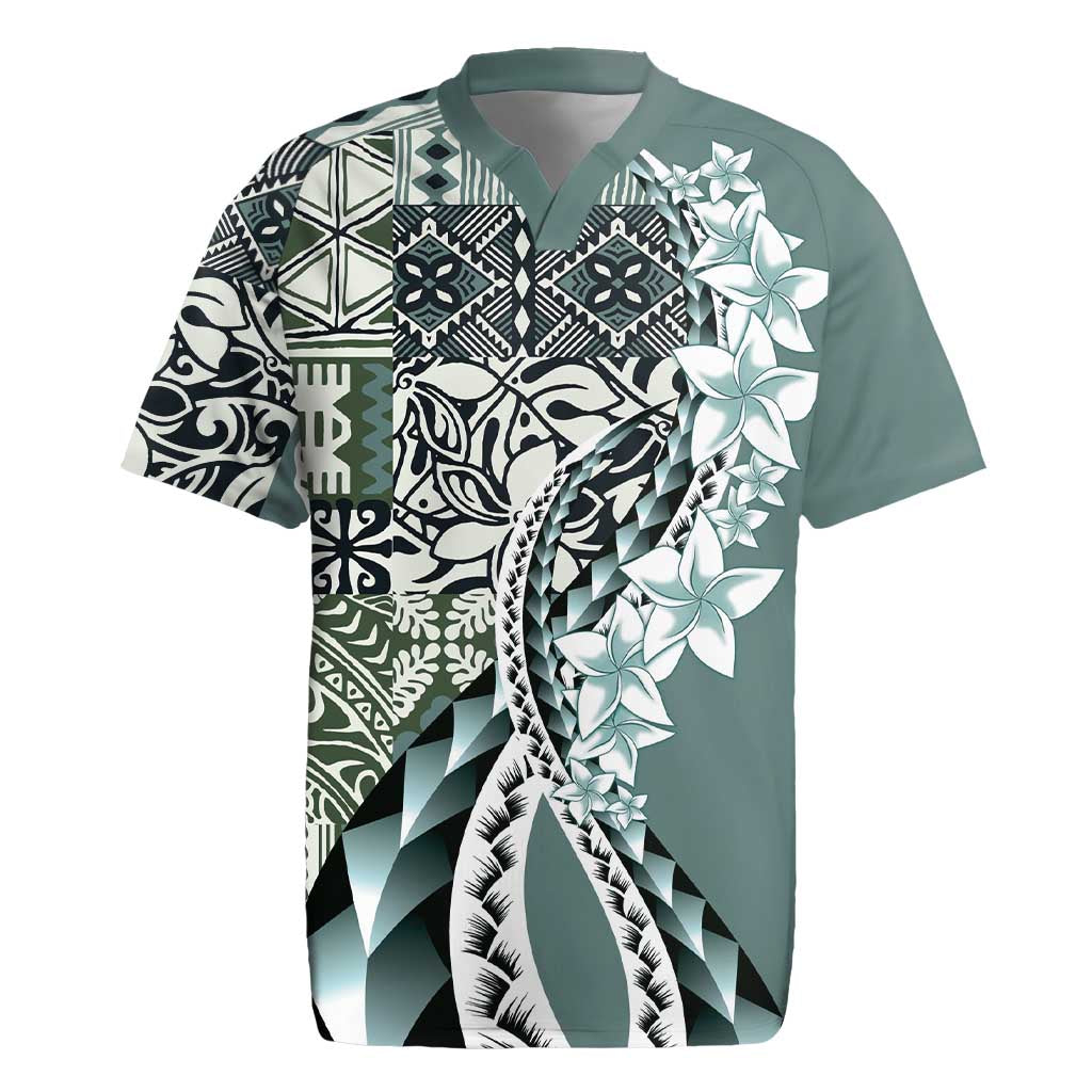 Aloha Vintage Plumeria Hawaiian Tapa Pattern Rugby Jersey Dark Turquoise Hawaiian Tapa Pattern - Polynesian Pride