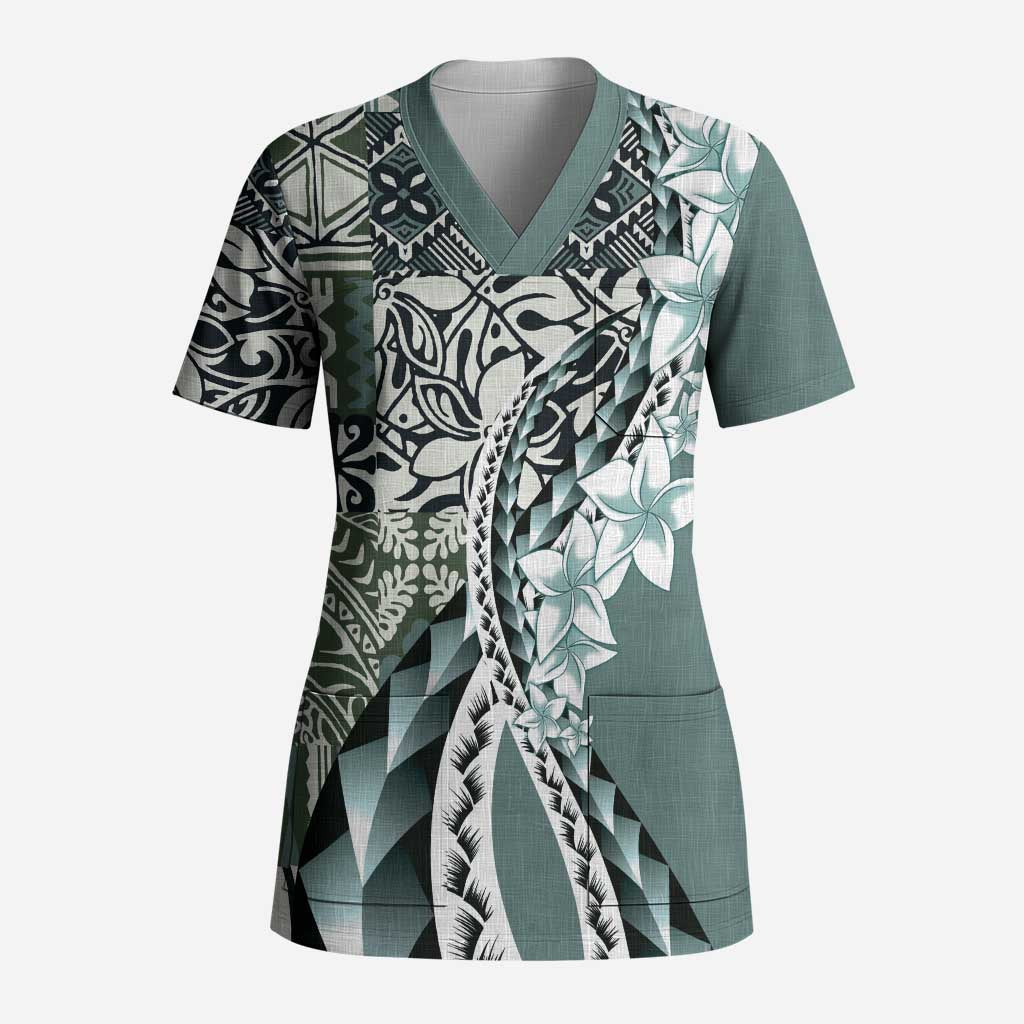 Aloha Vintage Plumeria Hawaiian Tapa Pattern Scrub Top Dark Turquoise Hawaiian Tapa Pattern LT9 Adult Turquoise - Polynesian Pride