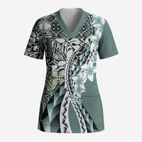 Aloha Vintage Plumeria Hawaiian Tapa Pattern Scrub Top Dark Turquoise Hawaiian Tapa Pattern LT9 Adult Turquoise - Polynesian Pride