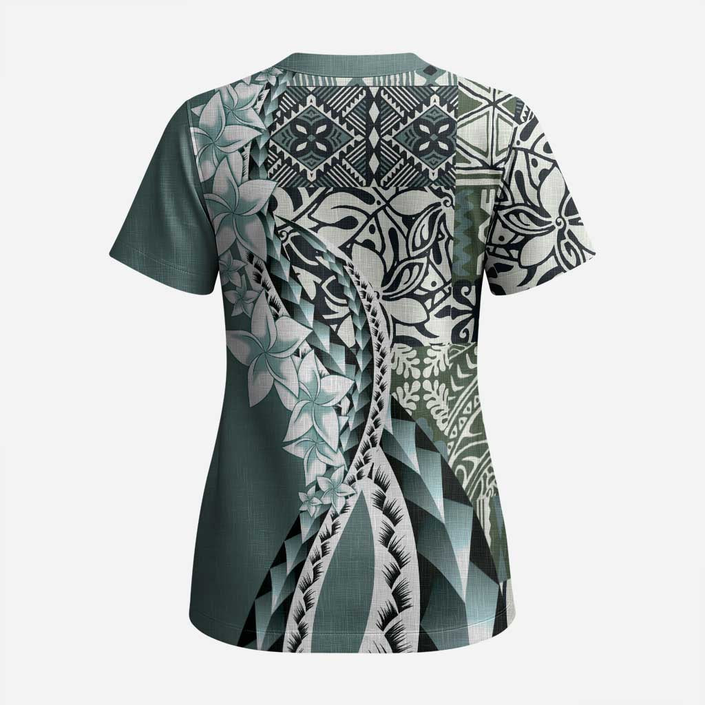 Aloha Vintage Plumeria Hawaiian Tapa Pattern Scrub Top Dark Turquoise Hawaiian Tapa Pattern LT9 - Polynesian Pride