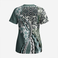 Aloha Vintage Plumeria Hawaiian Tapa Pattern Scrub Top Dark Turquoise Hawaiian Tapa Pattern LT9 - Polynesian Pride