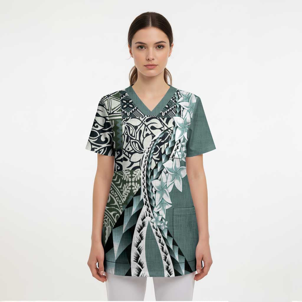 Aloha Vintage Plumeria Hawaiian Tapa Pattern Scrub Top Dark Turquoise Hawaiian Tapa Pattern LT9 - Polynesian Pride