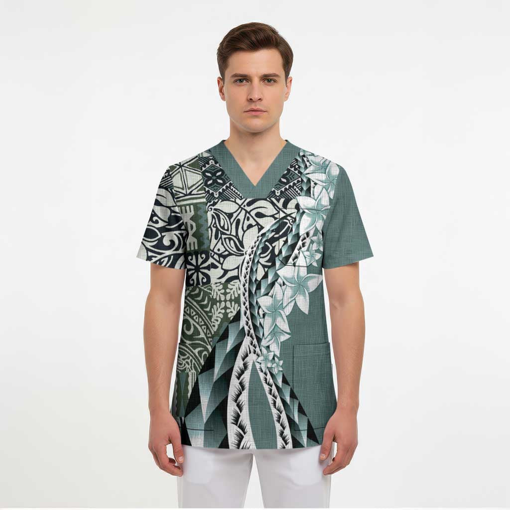 Aloha Vintage Plumeria Hawaiian Tapa Pattern Scrub Top Dark Turquoise Hawaiian Tapa Pattern LT9 - Polynesian Pride