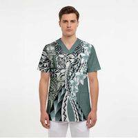 Aloha Vintage Plumeria Hawaiian Tapa Pattern Scrub Top Dark Turquoise Hawaiian Tapa Pattern LT9 - Polynesian Pride