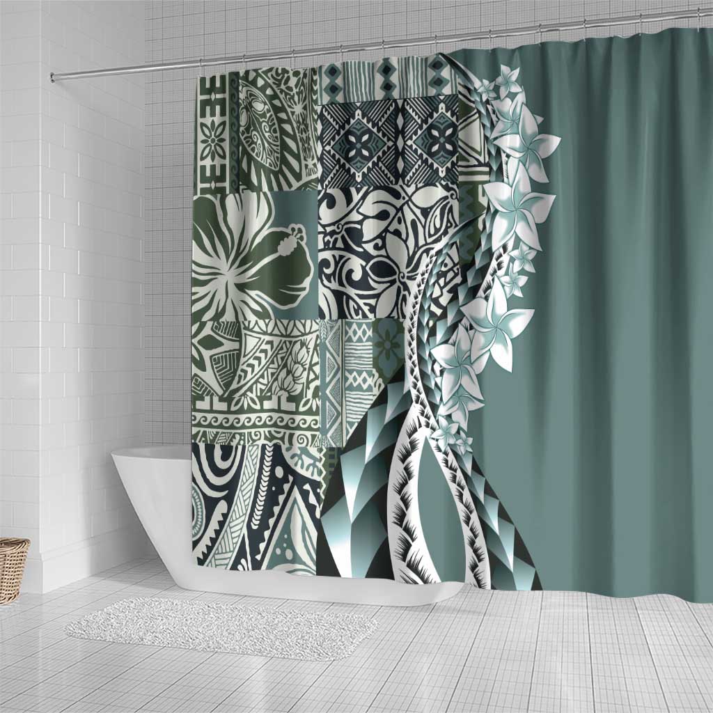 Aloha Vintage Plumeria Hawaiian Tapa Pattern Shower Curtain Dark Turquoise Hawaiian Tapa Pattern - Polynesian Pride