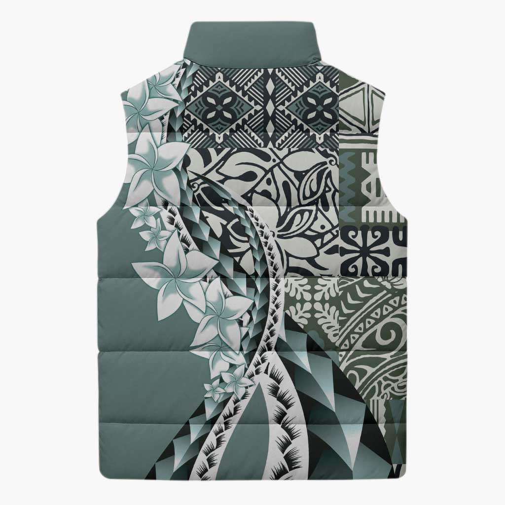 Aloha Vintage Plumeria Hawaiian Tapa Pattern Sleeveless Puffer Jacket Dark Turquoise Hawaiian Tapa Pattern - Polynesian Pride
