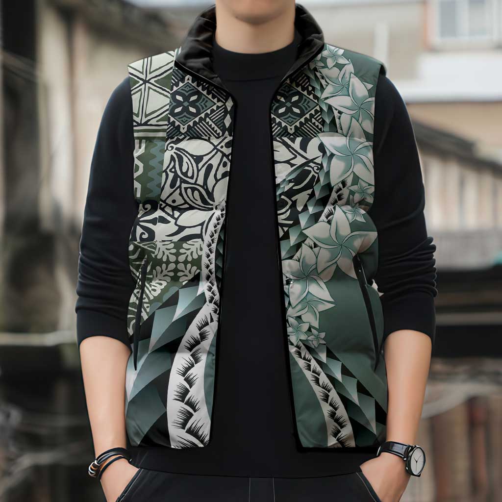 Aloha Vintage Plumeria Hawaiian Tapa Pattern Sleeveless Puffer Jacket Dark Turquoise Hawaiian Tapa Pattern - Polynesian Pride
