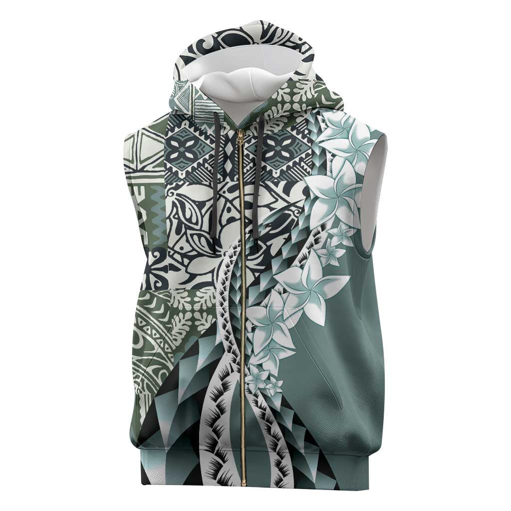 Aloha Vintage Plumeria Hawaiian Tapa Pattern Sleeveless Zip Hoodie Dark Turquoise Hawaiian Tapa Pattern - Polynesian Pride