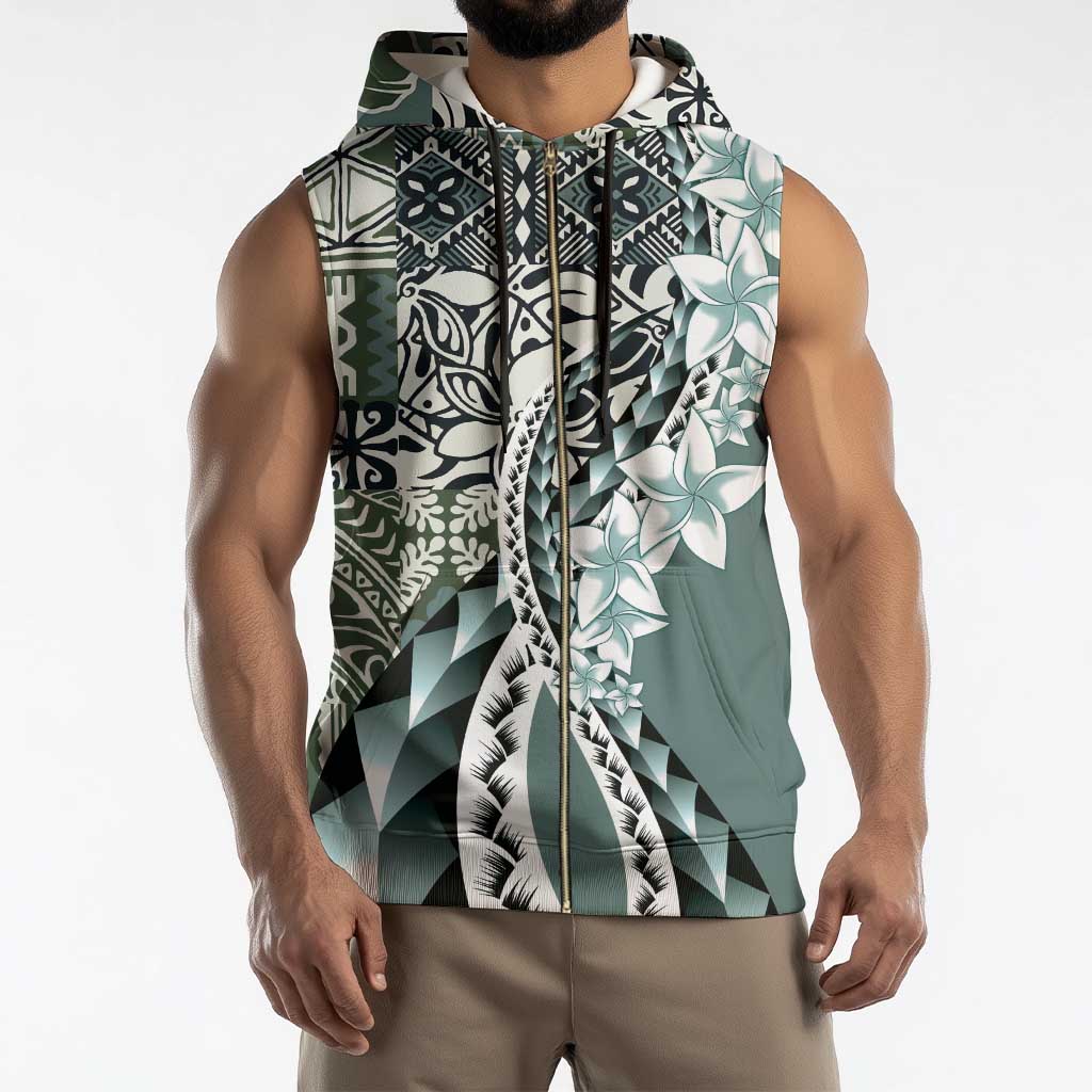 Aloha Vintage Plumeria Hawaiian Tapa Pattern Sleeveless Zip Hoodie Dark Turquoise Hawaiian Tapa Pattern - Polynesian Pride