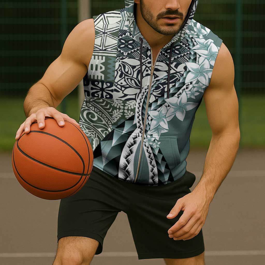 Aloha Vintage Plumeria Hawaiian Tapa Pattern Sleeveless Zip Hoodie Dark Turquoise Hawaiian Tapa Pattern - Polynesian Pride