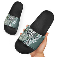 Aloha Vintage Plumeria Hawaiian Tapa Pattern Slide Sandals Dark Turquoise Hawaiian Tapa Pattern - Polynesian Pride