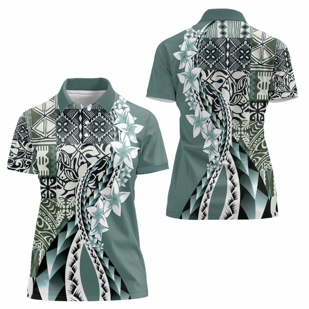 Aloha Vintage Plumeria Hawaiian Tapa Pattern Women Polo Shirt Dark Turquoise Hawaiian Tapa Pattern - Polynesian Pride