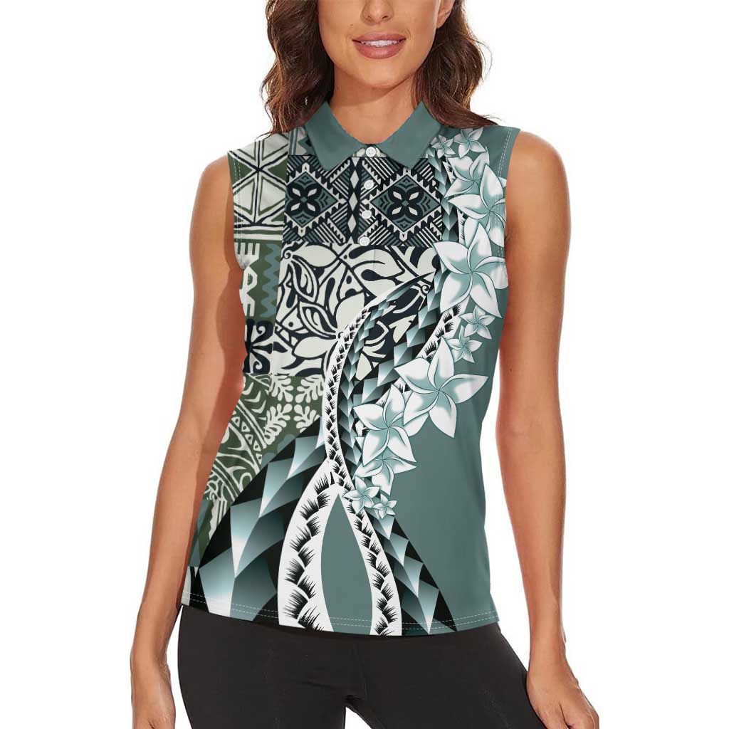 Aloha Vintage Plumeria Hawaiian Tapa Pattern Women Sleeveless Polo Shirt Dark Turquoise Hawaiian Tapa Pattern - Polynesian Pride