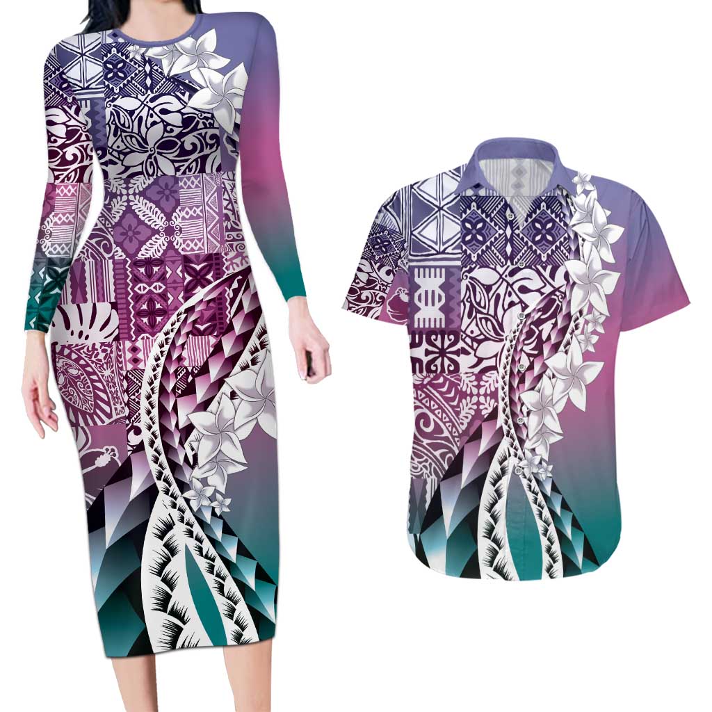 Aloha Vintage Plumeria Hawaiian Tapa Pattern Couples Matching Long Sleeve Bodycon Dress and Hawaiian Shirt Gradient Hawaiian Tapa Pattern - Polynesian Pride