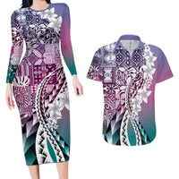 Aloha Vintage Plumeria Hawaiian Tapa Pattern Couples Matching Long Sleeve Bodycon Dress and Hawaiian Shirt Gradient Hawaiian Tapa Pattern - Polynesian Pride