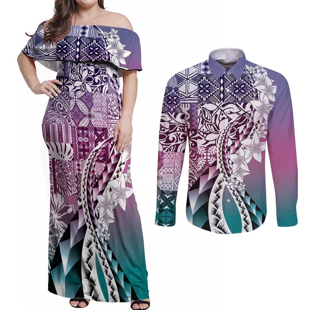 Aloha Vintage Plumeria Hawaiian Tapa Pattern Couples Matching Off Shoulder Maxi Dress and Long Sleeve Button Shirt Gradient Hawaiian Tapa Pattern - Polynesian Pride