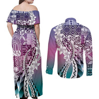 Aloha Vintage Plumeria Hawaiian Tapa Pattern Couples Matching Off Shoulder Maxi Dress and Long Sleeve Button Shirt Gradient Hawaiian Tapa Pattern - Polynesian Pride