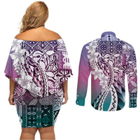 Aloha Vintage Plumeria Hawaiian Tapa Pattern Couples Matching Off Shoulder Short Dress and Long Sleeve Button Shirt Gradient Hawaiian Tapa Pattern - Polynesian Pride