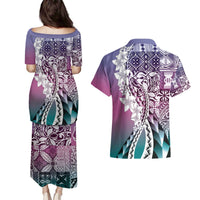 Aloha Vintage Plumeria Hawaiian Tapa Pattern Couples Matching Puletasi and Hawaiian Shirt Gradient Hawaiian Tapa Pattern - Polynesian Pride