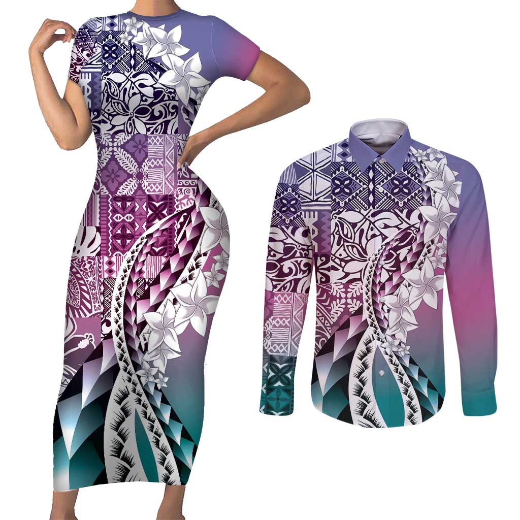 Aloha Vintage Plumeria Hawaiian Tapa Pattern Couples Matching Short Sleeve Bodycon Dress and Long Sleeve Button Shirt Gradient Hawaiian Tapa Pattern - Polynesian Pride
