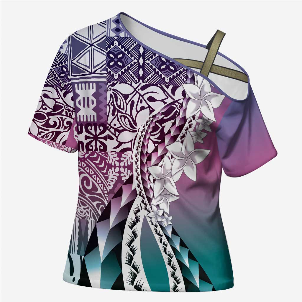 Aloha Vintage Plumeria Hawaiian Tapa Pattern Cross Shoulder Shirt Gradient Hawaiian Tapa Pattern - Polynesian Pride