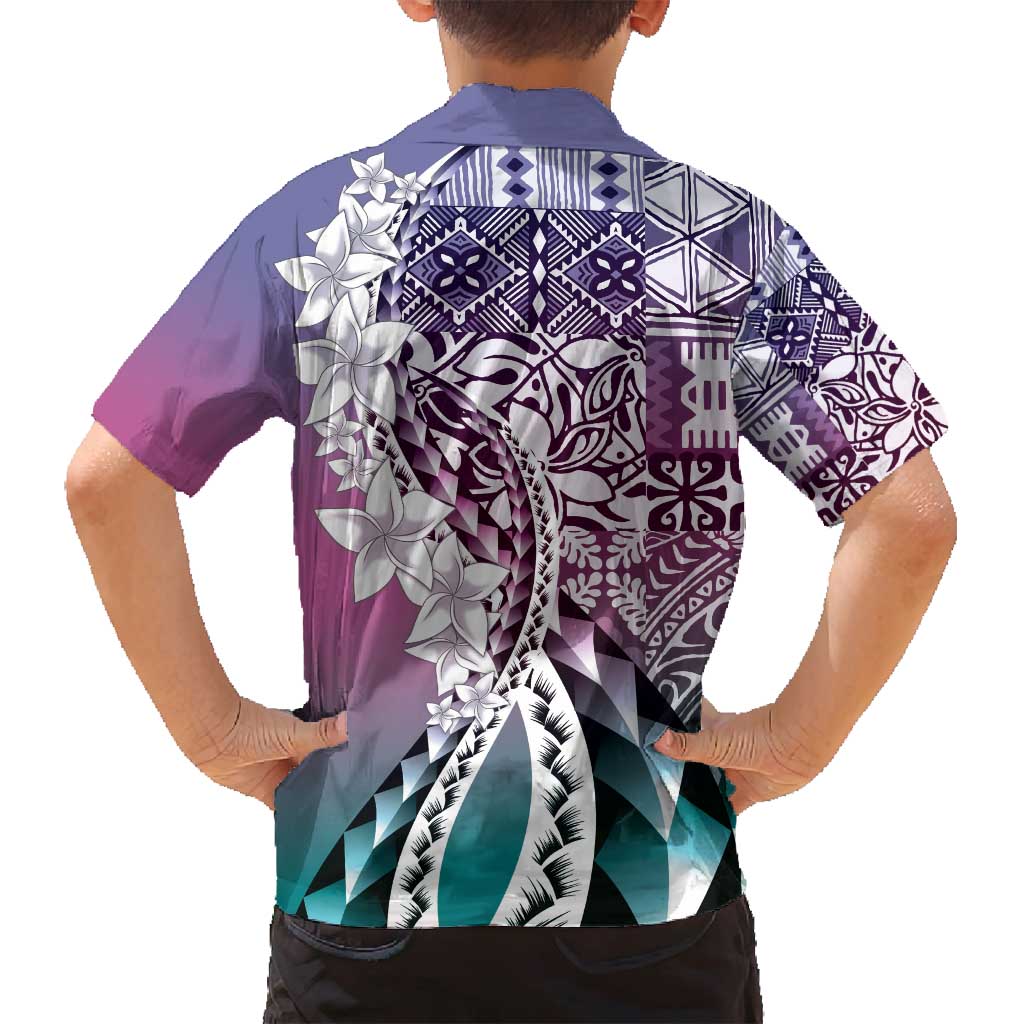 Aloha Vintage Plumeria Hawaiian Tapa Pattern Family Matching Long Sleeve Bodycon Dress and Hawaiian Shirt Gradient Hawaiian Tapa Pattern - Polynesian Pride