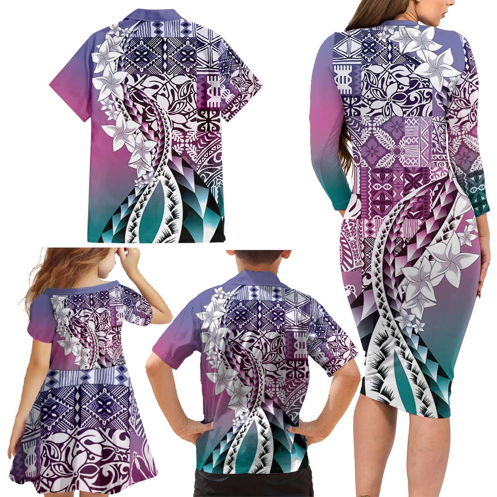 Aloha Vintage Plumeria Hawaiian Tapa Pattern Family Matching Long Sleeve Bodycon Dress and Hawaiian Shirt Gradient Hawaiian Tapa Pattern - Polynesian Pride