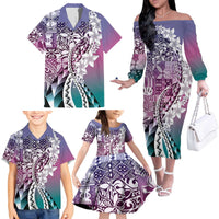 Aloha Vintage Plumeria Hawaiian Tapa Pattern Family Matching Off The Shoulder Long Sleeve Dress and Hawaiian Shirt Gradient Hawaiian Tapa Pattern - Polynesian Pride