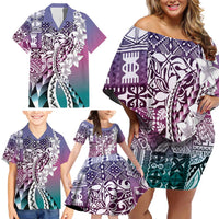 Aloha Vintage Plumeria Hawaiian Tapa Pattern Family Matching Off Shoulder Short Dress and Hawaiian Shirt Gradient Hawaiian Tapa Pattern - Polynesian Pride