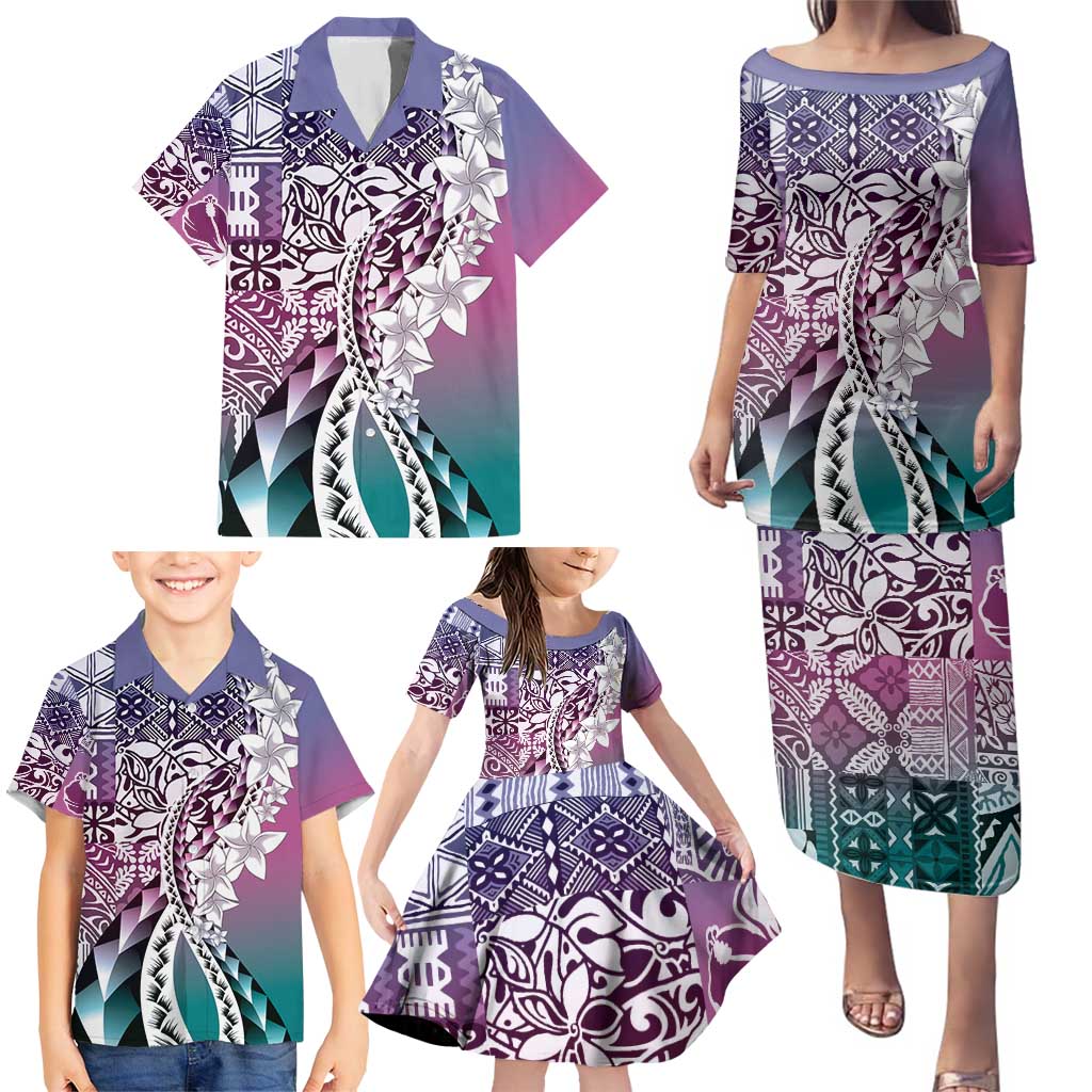 Aloha Vintage Plumeria Hawaiian Tapa Pattern Family Matching Puletasi and Hawaiian Shirt Gradient Hawaiian Tapa Pattern - Polynesian Pride