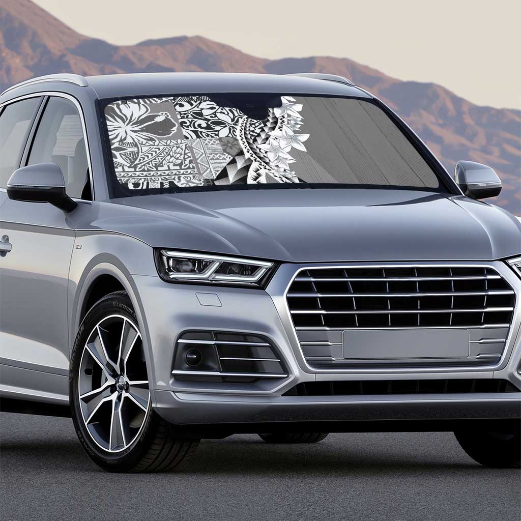 Aloha Vintage Plumeria Hawaiian Tapa Pattern Auto Sun Shade Gray Hawaiian Tapa Pattern - Polynesian Pride