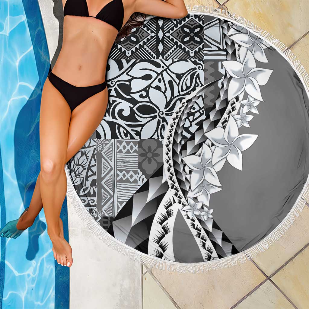 Aloha Vintage Plumeria Hawaiian Tapa Pattern Beach Blanket Gray Hawaiian Tapa Pattern - Polynesian Pride