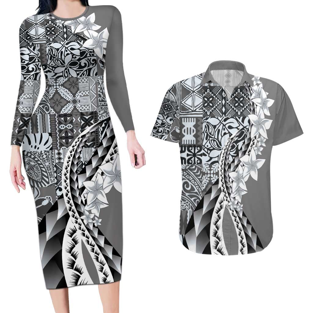 Aloha Vintage Plumeria Hawaiian Tapa Pattern Couples Matching Long Sleeve Bodycon Dress and Hawaiian Shirt Gray Hawaiian Tapa Pattern - Polynesian Pride