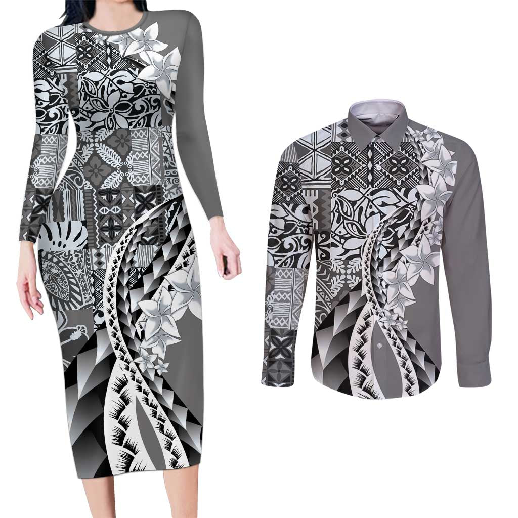 Aloha Vintage Plumeria Hawaiian Tapa Pattern Couples Matching Long Sleeve Bodycon Dress and Long Sleeve Button Shirt Gray Hawaiian Tapa Pattern - Polynesian Pride