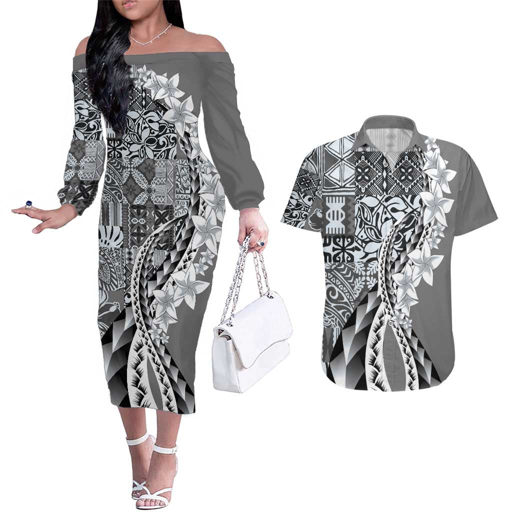 Aloha Vintage Plumeria Hawaiian Tapa Pattern Couples Matching Off The Shoulder Long Sleeve Dress and Hawaiian Shirt Gray Hawaiian Tapa Pattern - Polynesian Pride