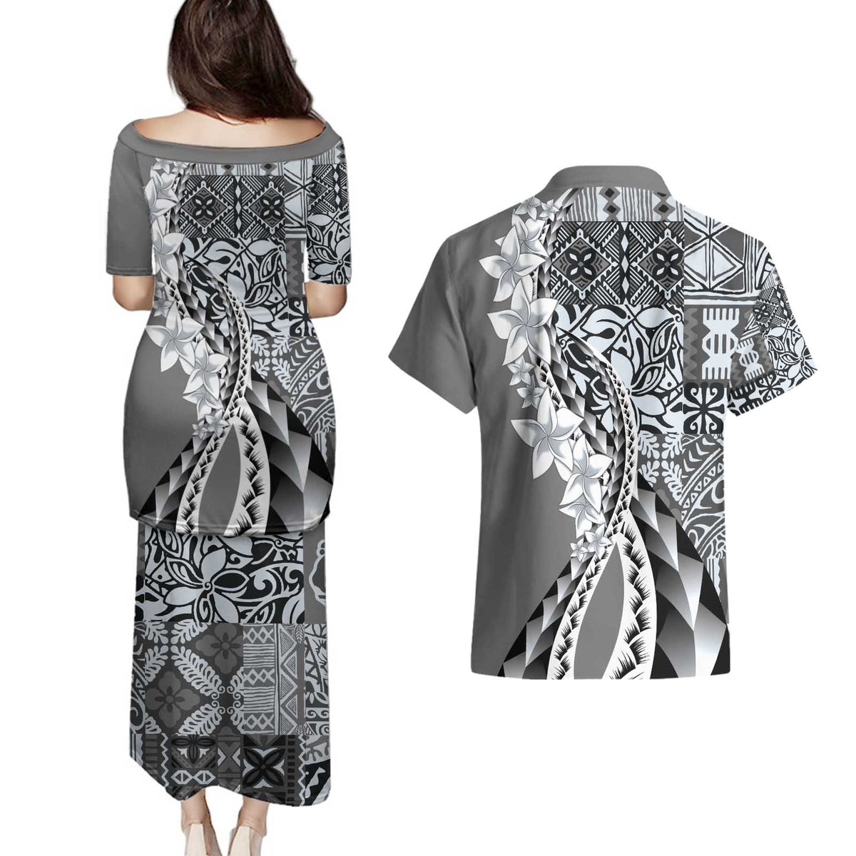 Aloha Vintage Plumeria Hawaiian Tapa Pattern Couples Matching Puletasi and Hawaiian Shirt Gray Hawaiian Tapa Pattern - Polynesian Pride