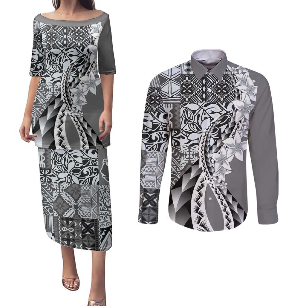 Aloha Vintage Plumeria Hawaiian Tapa Pattern Couples Matching Puletasi and Long Sleeve Button Shirt Gray Hawaiian Tapa Pattern - Polynesian Pride