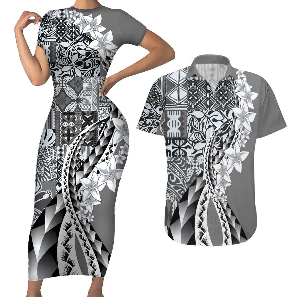 Aloha Vintage Plumeria Hawaiian Tapa Pattern Couples Matching Short Sleeve Bodycon Dress and Hawaiian Shirt Gray Hawaiian Tapa Pattern - Polynesian Pride