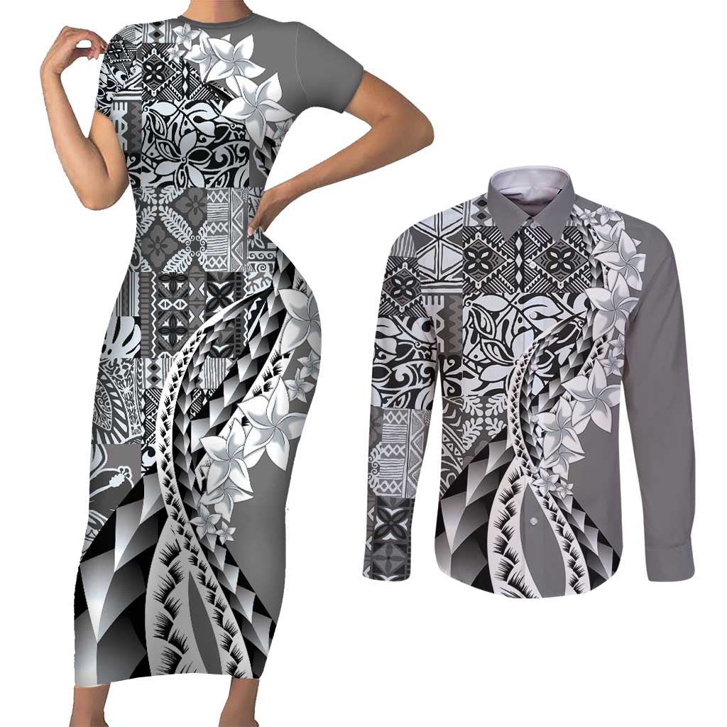 Aloha Vintage Plumeria Hawaiian Tapa Pattern Couples Matching Short Sleeve Bodycon Dress and Long Sleeve Button Shirt Gray Hawaiian Tapa Pattern - Polynesian Pride