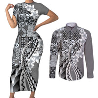 Aloha Vintage Plumeria Hawaiian Tapa Pattern Couples Matching Short Sleeve Bodycon Dress and Long Sleeve Button Shirt Gray Hawaiian Tapa Pattern - Polynesian Pride