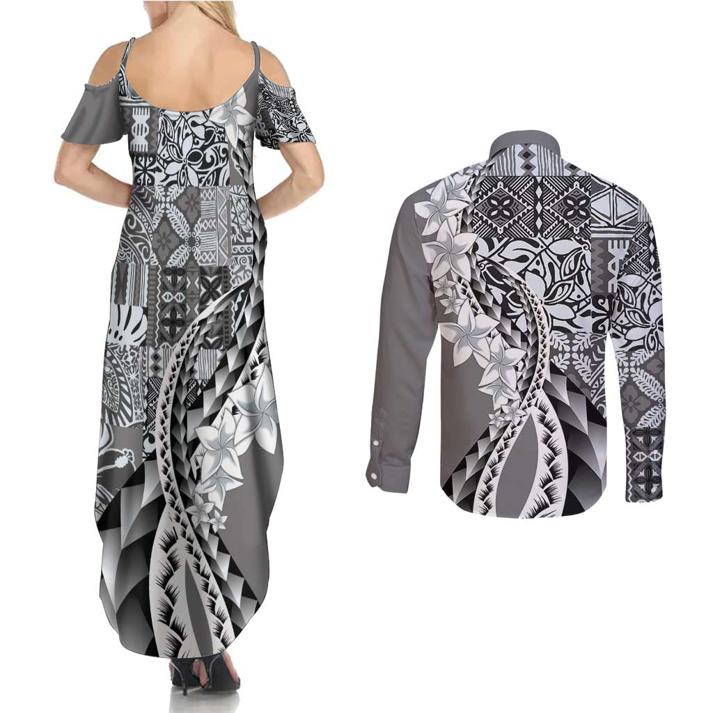 Aloha Vintage Plumeria Hawaiian Tapa Pattern Couples Matching Summer Maxi Dress and Long Sleeve Button Shirt Gray Hawaiian Tapa Pattern - Polynesian Pride