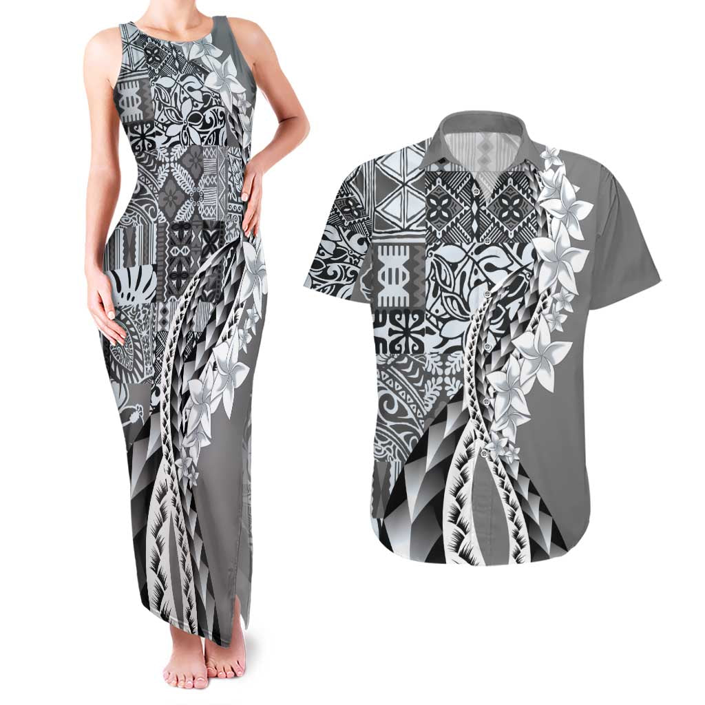 Aloha Vintage Plumeria Hawaiian Tapa Pattern Couples Matching Tank Maxi Dress and Hawaiian Shirt Gray Hawaiian Tapa Pattern - Polynesian Pride