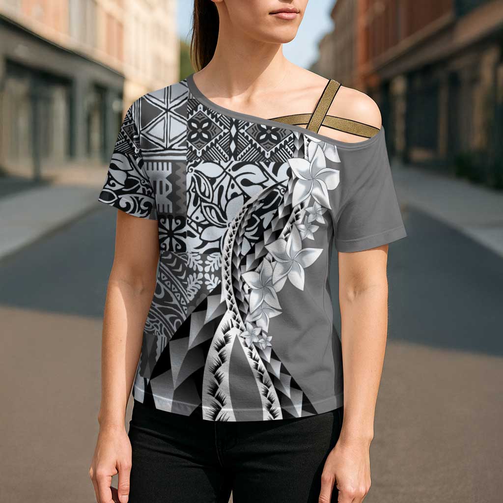 Aloha Vintage Plumeria Hawaiian Tapa Pattern Cross Shoulder Shirt Gray Hawaiian Tapa Pattern - Polynesian Pride