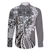 Aloha Vintage Plumeria Hawaiian Tapa Pattern Family Matching Off The Shoulder Long Sleeve Dress and Hawaiian Shirt Gray Hawaiian Tapa Pattern - Polynesian Pride