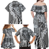 Aloha Vintage Plumeria Hawaiian Tapa Pattern Family Matching Off Shoulder Maxi Dress and Hawaiian Shirt Gray Hawaiian Tapa Pattern - Polynesian Pride