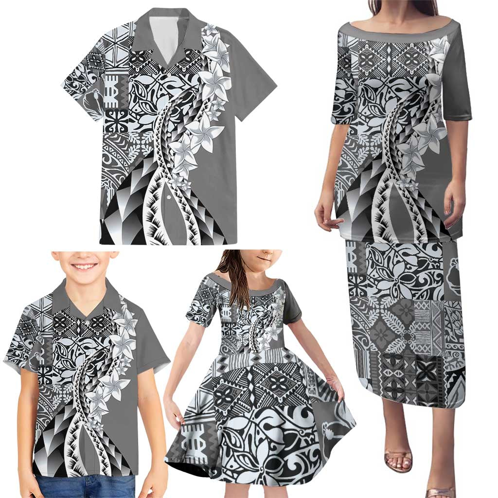 Aloha Vintage Plumeria Hawaiian Tapa Pattern Family Matching Puletasi and Hawaiian Shirt Gray Hawaiian Tapa Pattern - Polynesian Pride