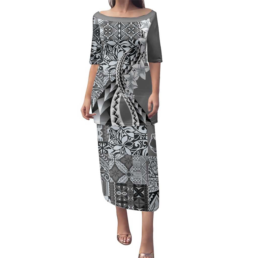 Aloha Vintage Plumeria Hawaiian Tapa Pattern Family Matching Puletasi and Hawaiian Shirt Gray Hawaiian Tapa Pattern - Polynesian Pride