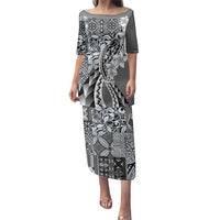 Aloha Vintage Plumeria Hawaiian Tapa Pattern Family Matching Puletasi and Hawaiian Shirt Gray Hawaiian Tapa Pattern - Polynesian Pride