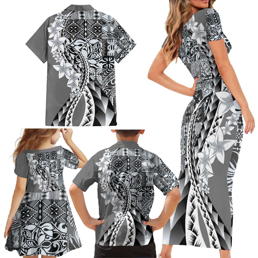 Aloha Vintage Plumeria Hawaiian Tapa Pattern Family Matching Short Sleeve Bodycon Dress and Hawaiian Shirt Gray Hawaiian Tapa Pattern - Polynesian Pride